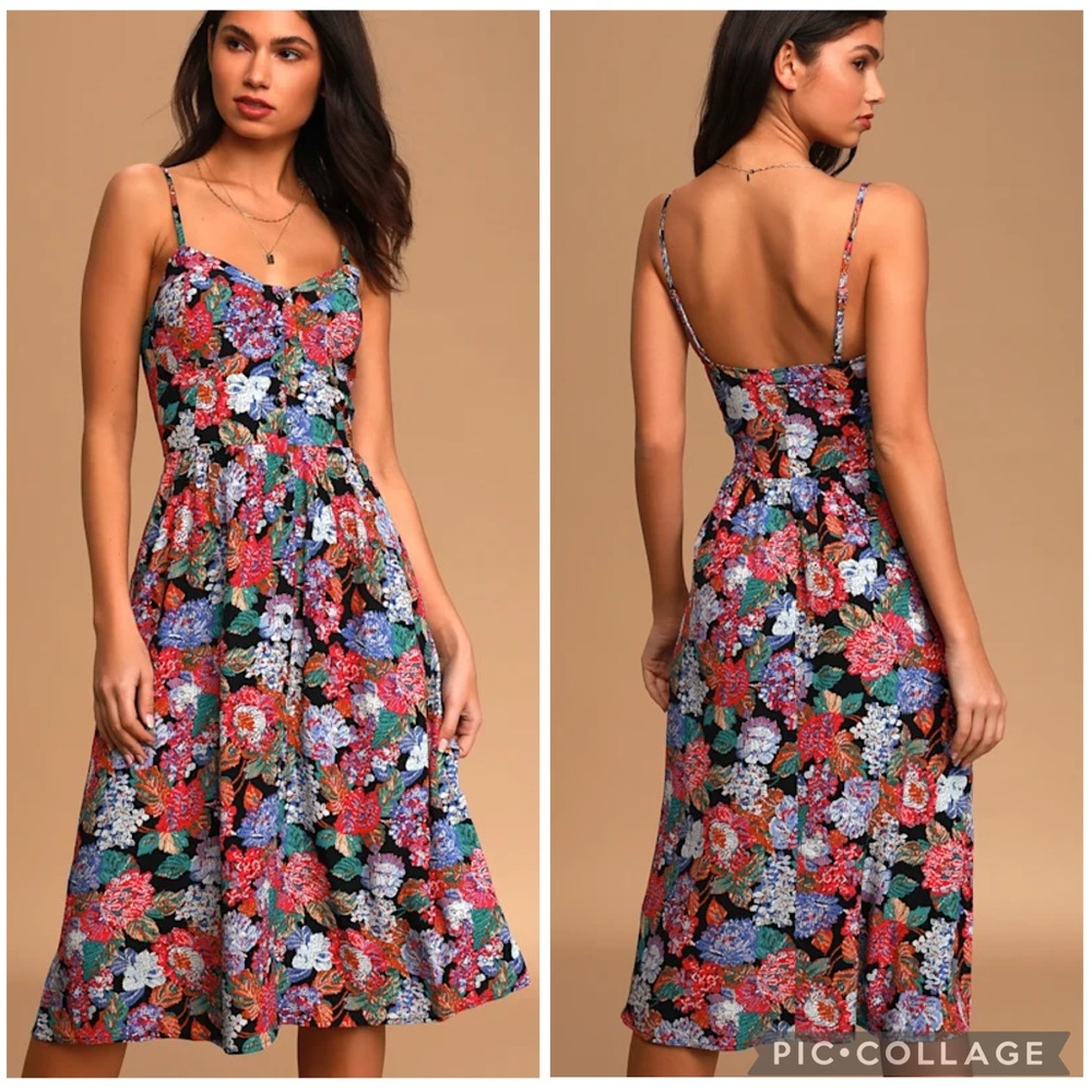 Rolla’s Eve Tapestry Black Floral Print Button-Up Midi Dress